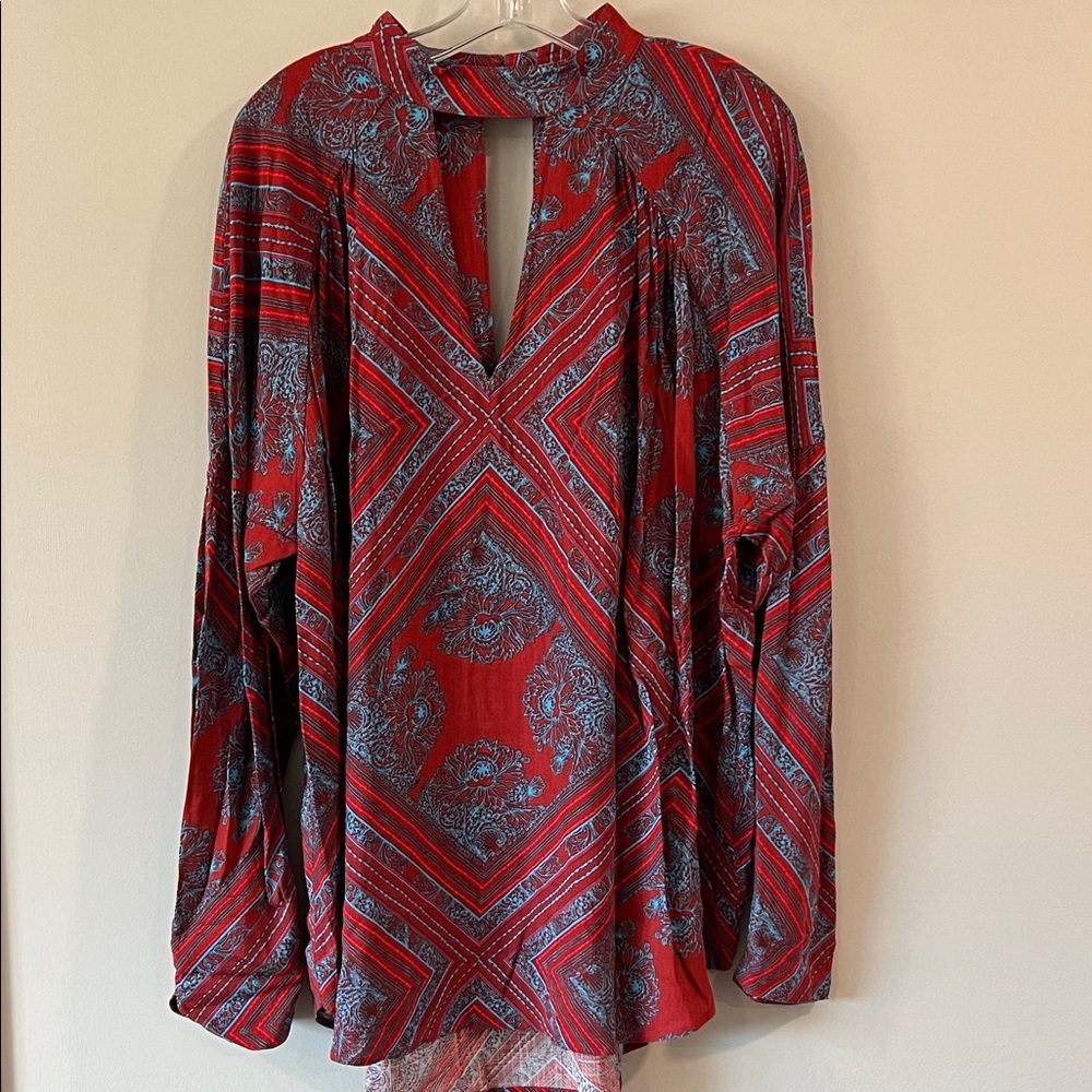 Free People Red and Blue Patterned Blouse Tunic - L